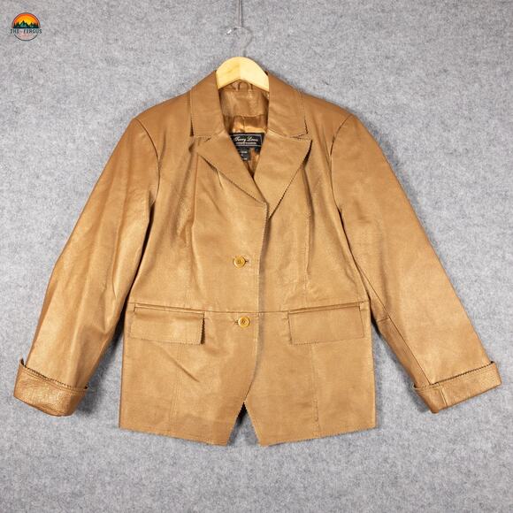 Terry Lewis Button Front Jacket Tan Genuine Leather Collared Women's Size Large - Picture 1 of 12